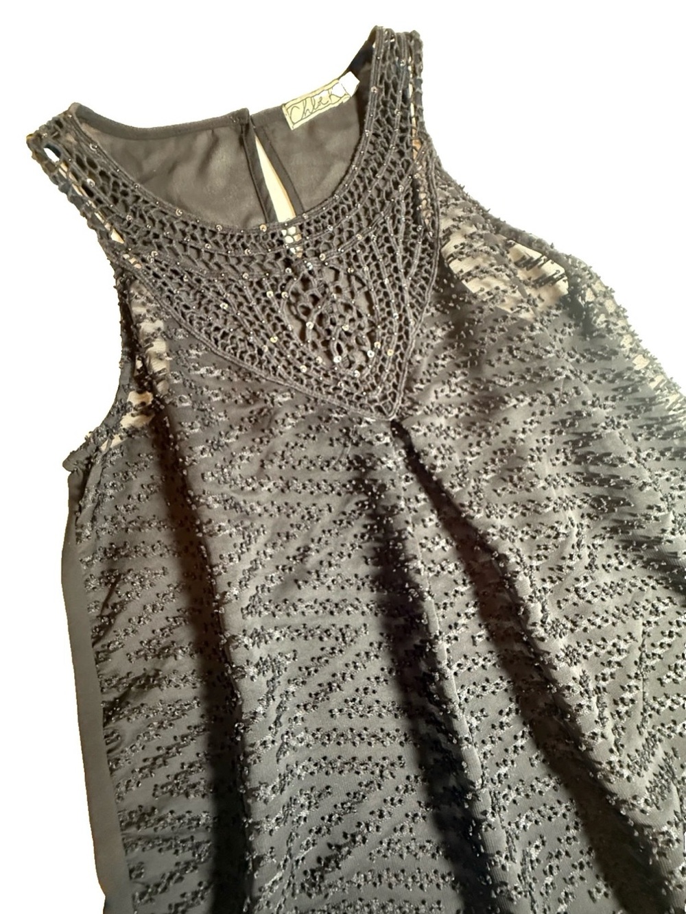 Chloe K Black Boho Crochet Yoke Beaded Camisole Size M